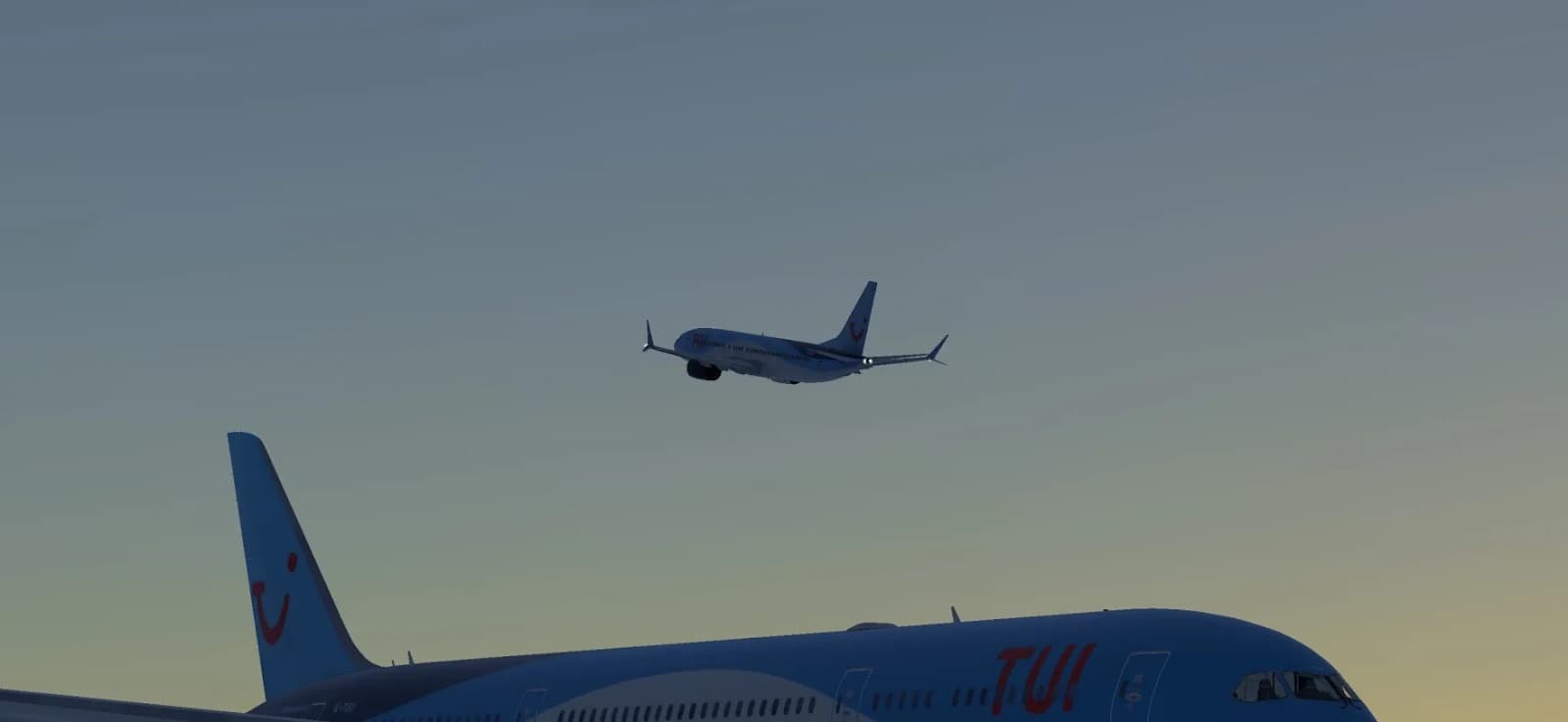 A TUI Boeing 737 MAX climbing out over a runway in Infinite Flight