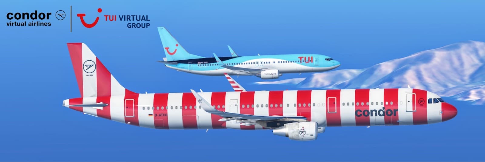 A Condor Virtual Airbus in red and white stripes flying alongside a TUI Boeing 737