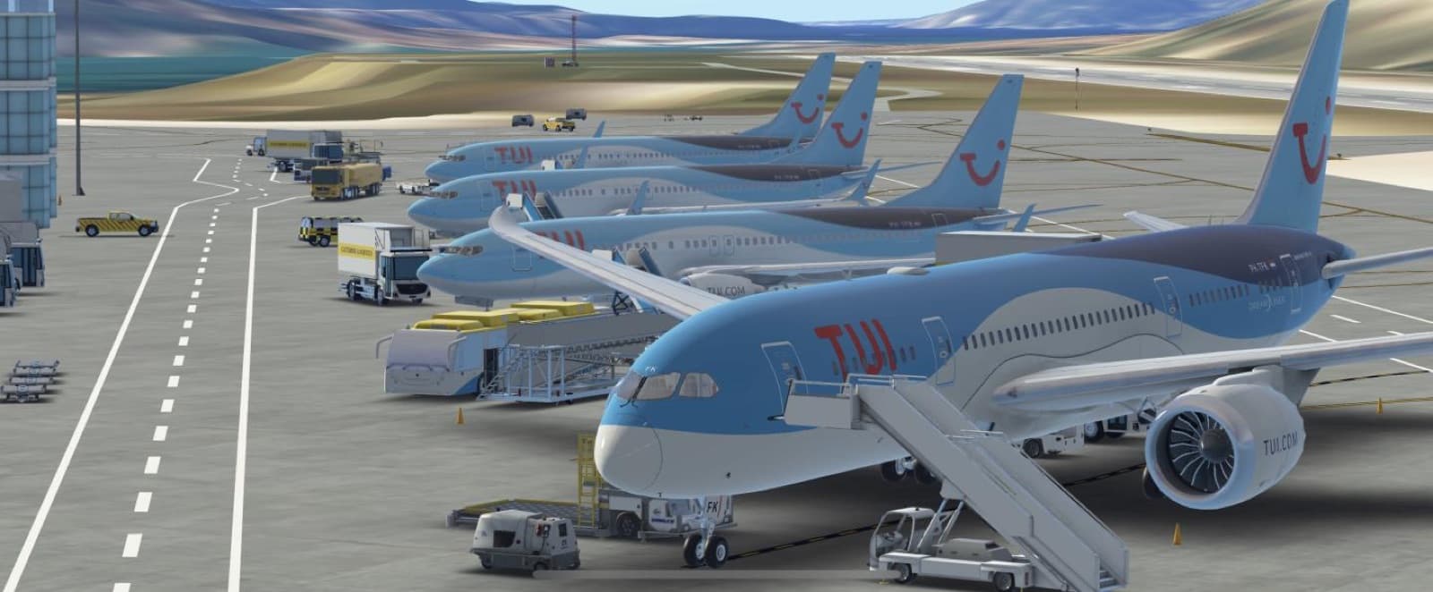 A row of TUI 787 Dreamliners on the ramp