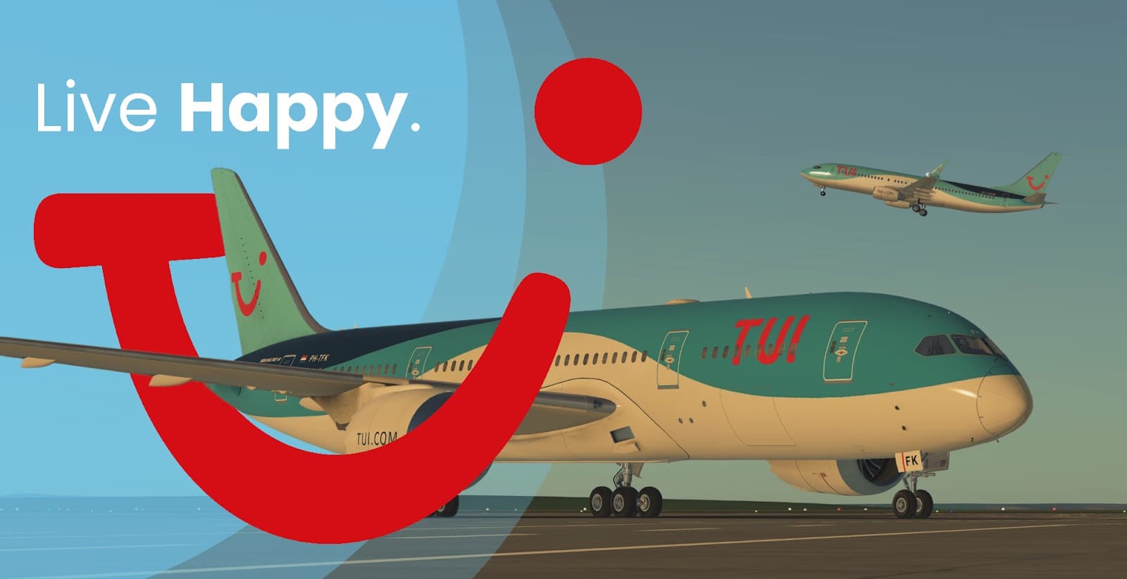 Live Happy: a TUI 787 on the runway with the TUI smile